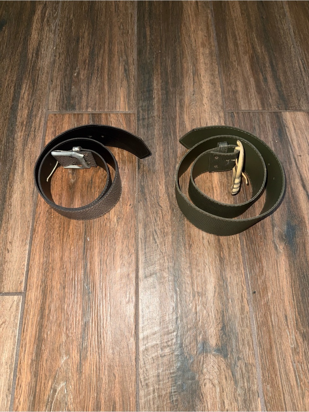 Olive Green, Silver Web and a dark brown  Belt with Brass Buckle